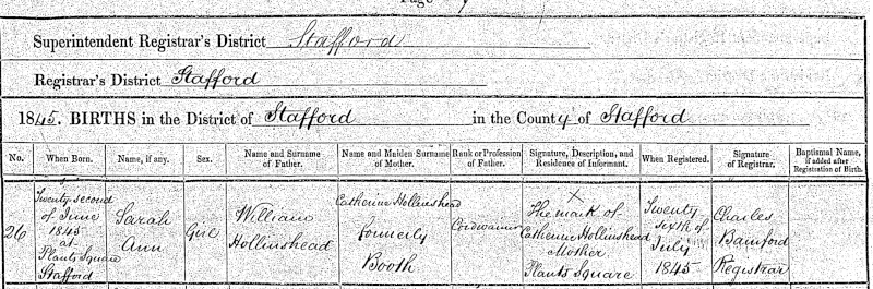 Sarah Ann Hollinshead Birth Registration