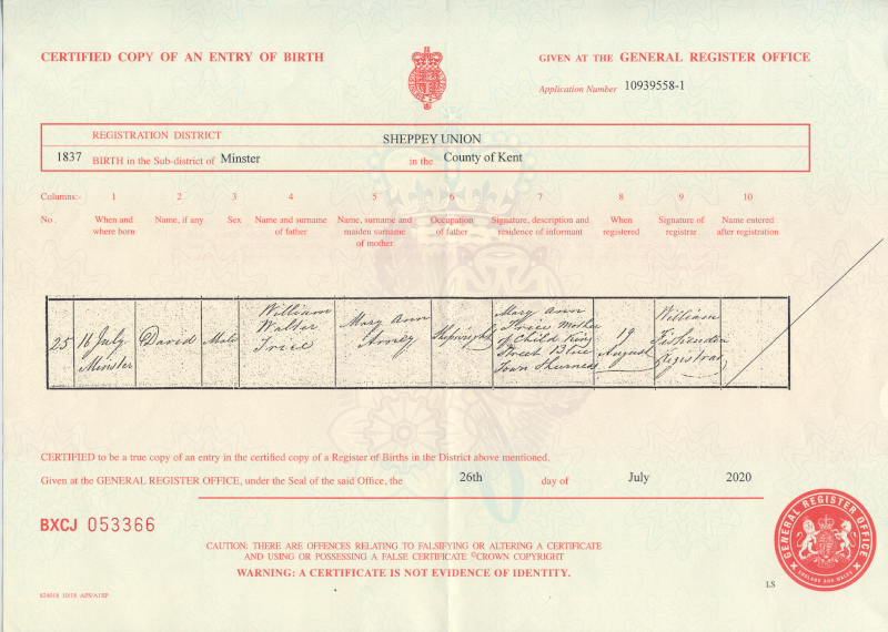 David's birth Certificate 1837
