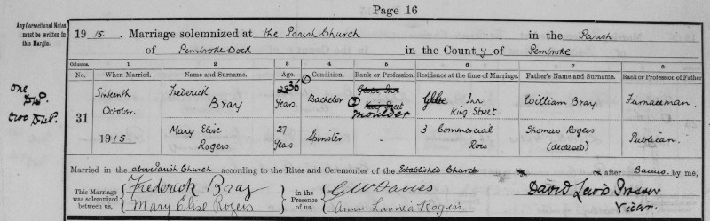 Frederick Bray and Mary Elise Marriage Registration