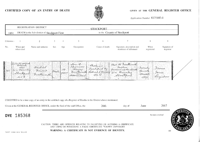 Herbert Duckworth's Death Certificate