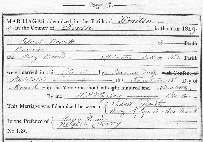 Robert Westcott and Mary Board marriage