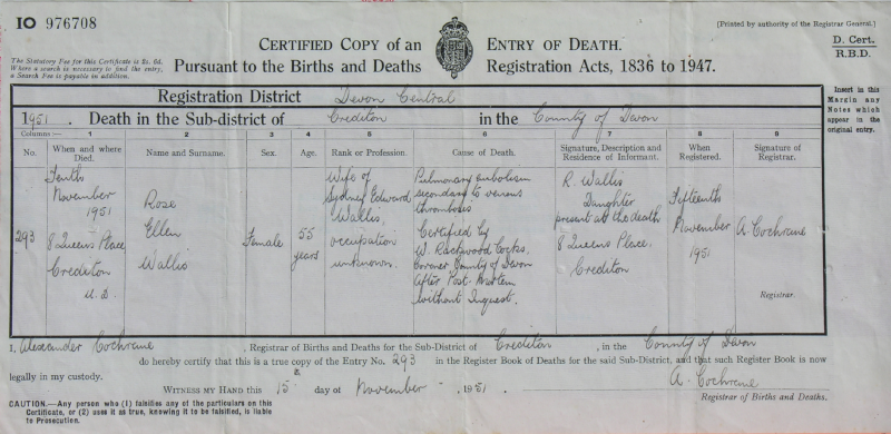 Rose Hoyle's death certificate 1951