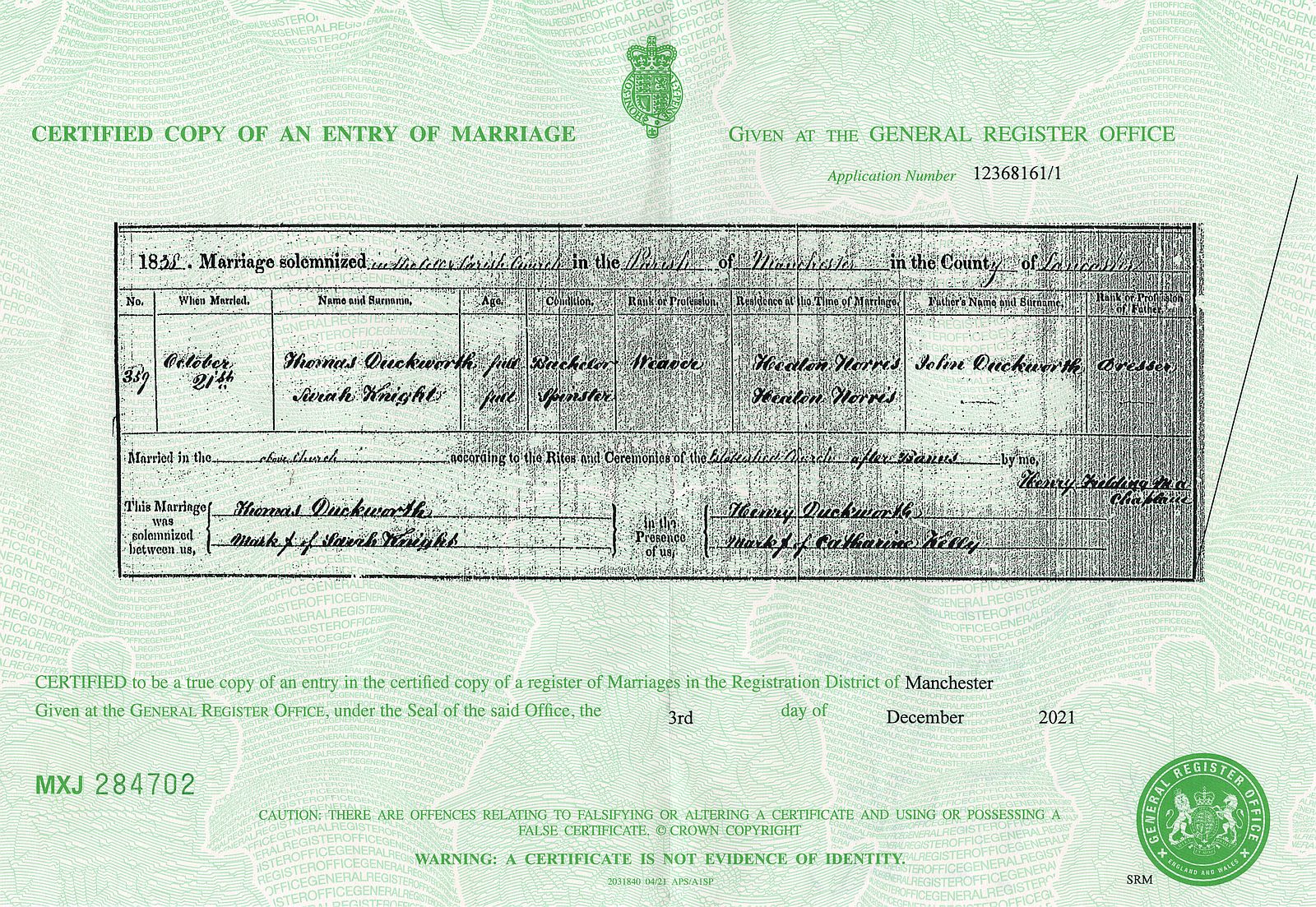 Thomas's an Sarah's Marriage Certificate 1846