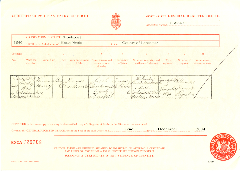 Thomas's birth Certificate 1846