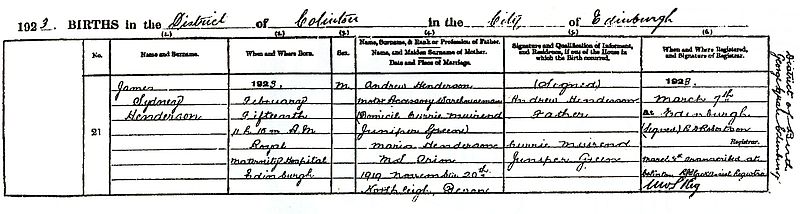 Birth register entry
