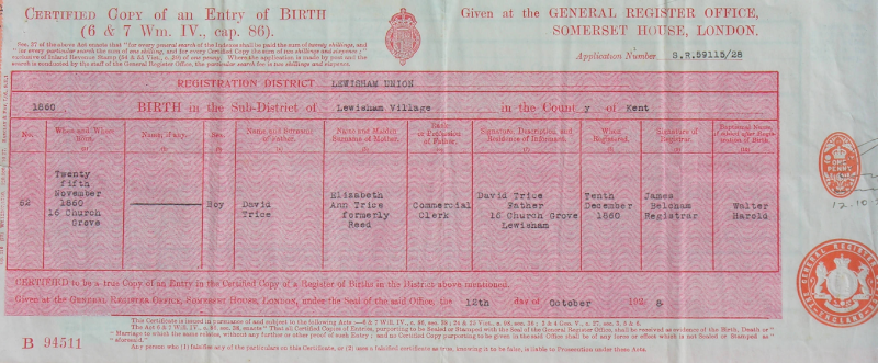 Walter's birth certificate (obtained by wife? in 1928)